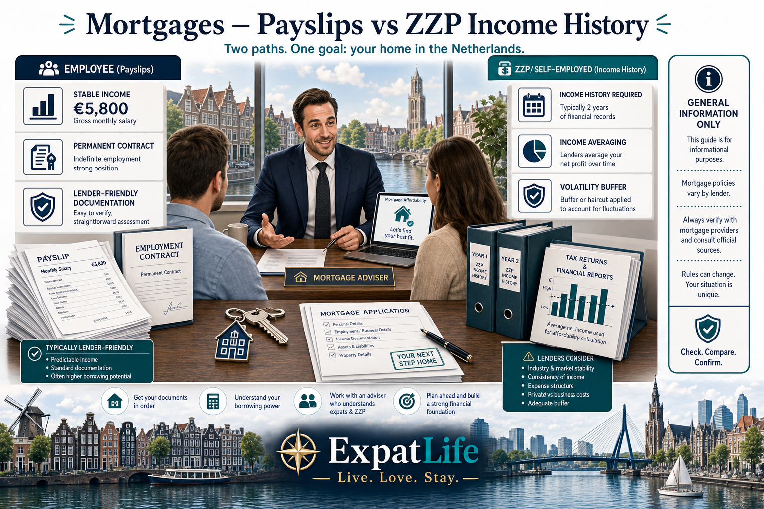 Premium mortgage adviser desk scene on employment contract stability vs contractor income history for Dutch lender assessments.