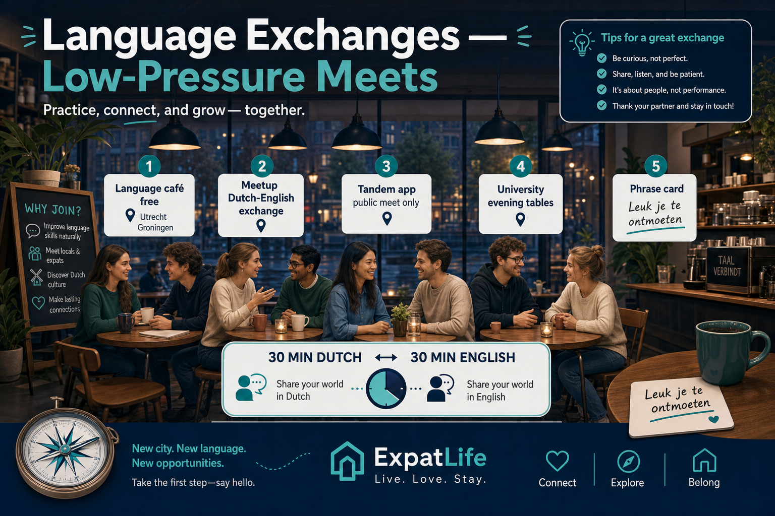 Premium language café and tandem board — Meetup exchanges, university groups, conversation tables and Dutch practice routes.