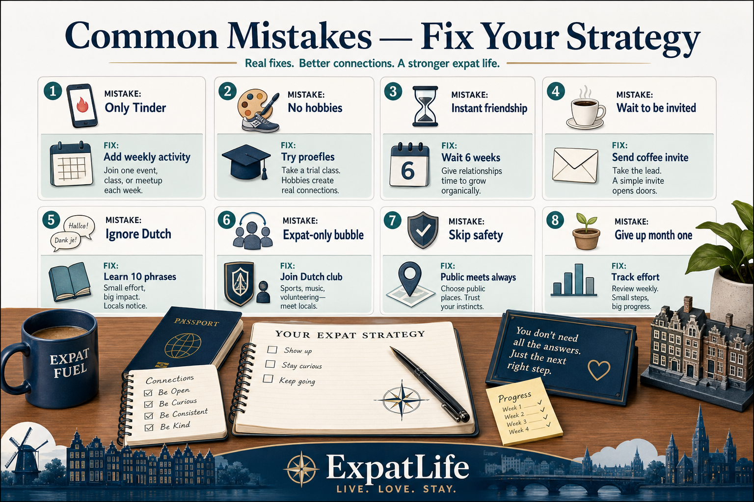 Premium eight mistake cards — app-only strategy, no activities, instant friendship expectations, waiting to be invited and expat-only bubbles.