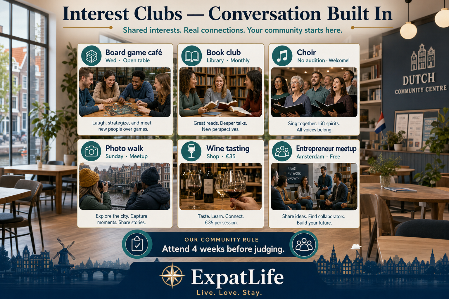 Premium interest club grid — board games, photography, book clubs, choirs, cooking, wine and entrepreneur circles.