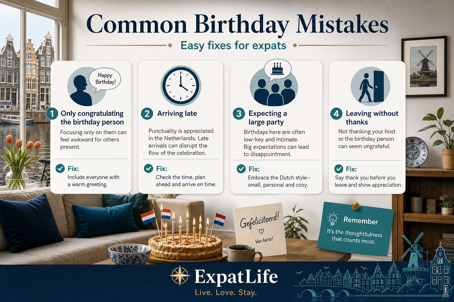 Premium mistake cards — only congratulating the birthday person, arriving late, expecting a large party and leaving without thanks.