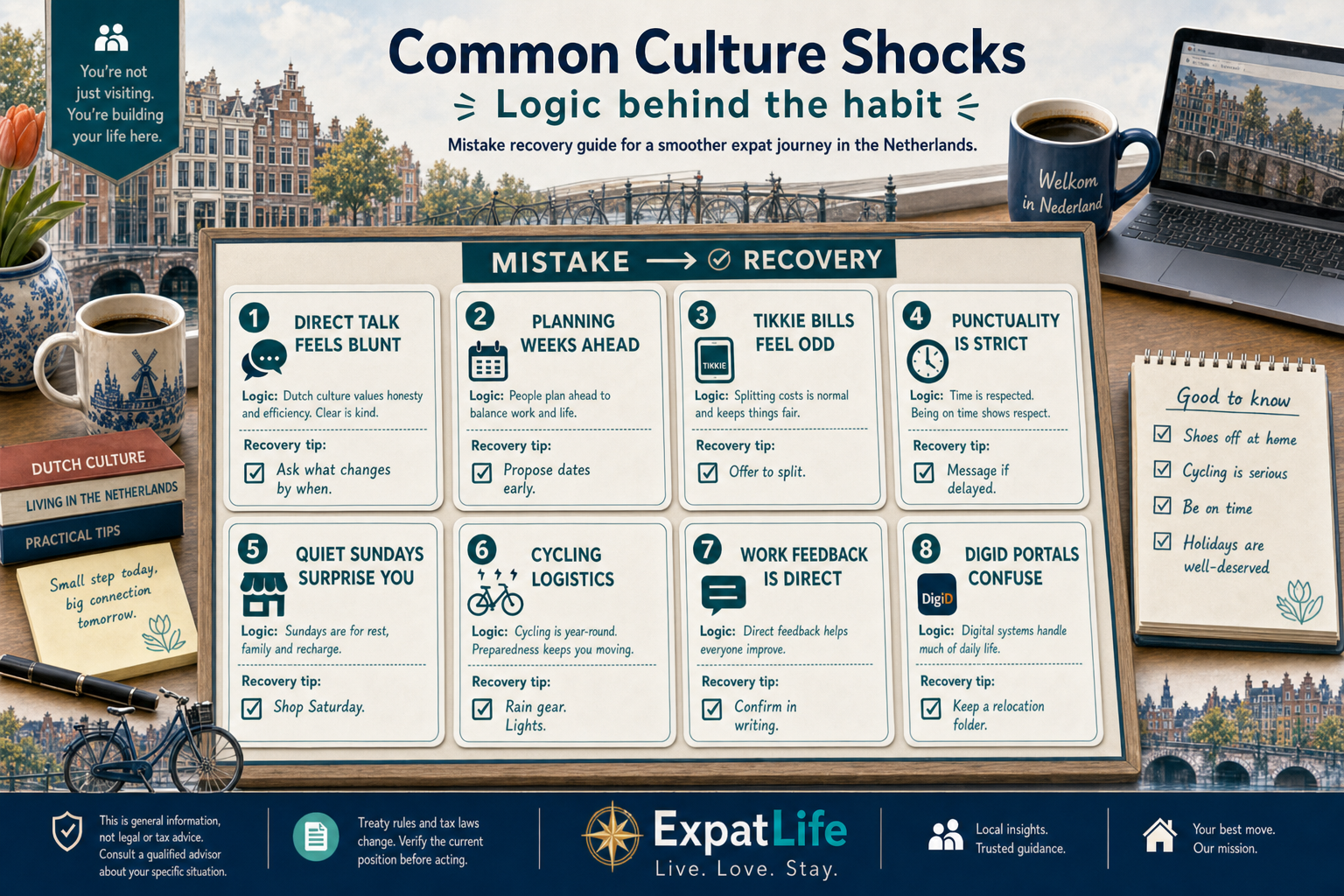 Premium culture shock cards — direct talk, planning, bills, quiet Sundays and admin systems.