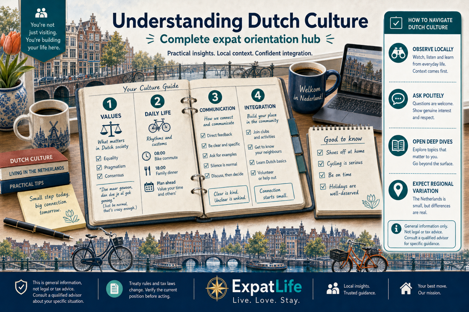 Premium orientation board — Dutch values, society, communication, work, food and regional diversity for expats.