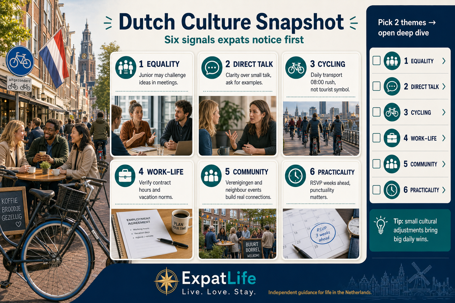 Premium snapshot — equality, direct communication, cycling, work-life balance, community and practicality.