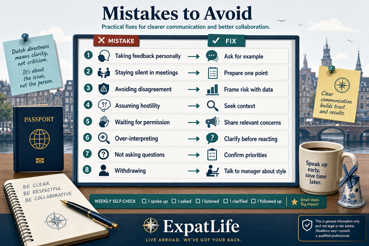 Premium eight mistake-fix board — personalising feedback, silence, avoiding disagreement, hostility assumptions, permission-waiting, over-interpreting.