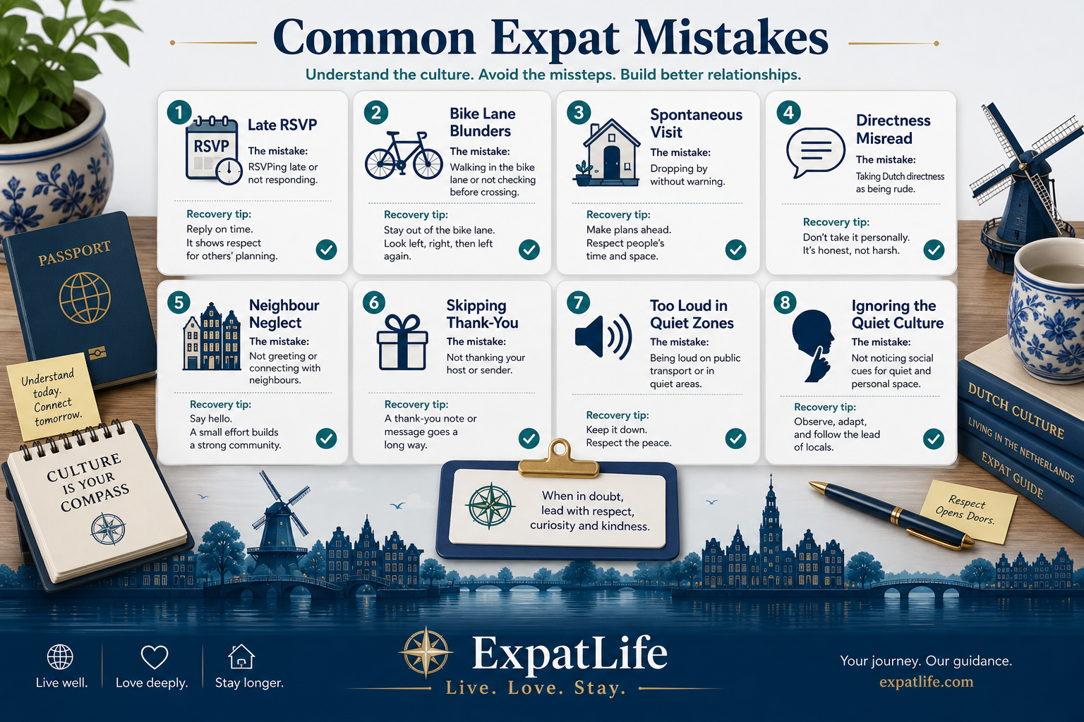 Premium eight expat mistake-fix board — lateness, ignored RSVPs, blocked bike lanes, spontaneous visits, misread directness and more.
