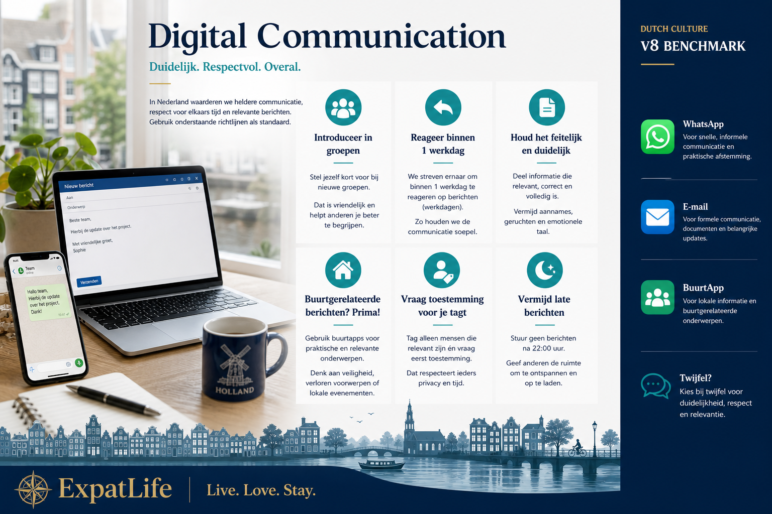 Premium digital communication board — WhatsApp groups, email tone, neighbourhood apps, social media and professional messaging with practical tips.