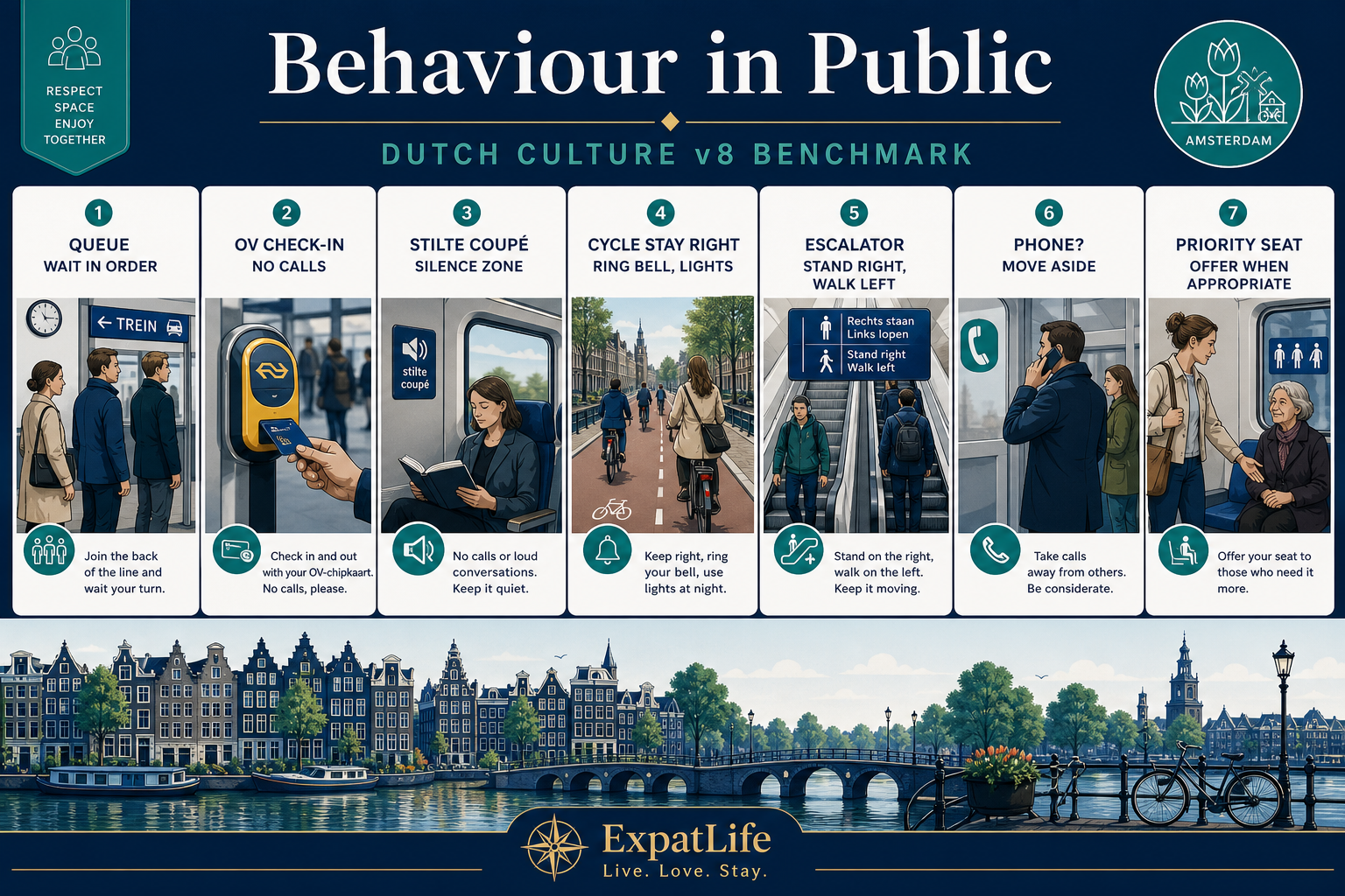 Premium public behaviour guide — queues, cycling, public transport, phone calls, noise, escalators and shared spaces with practical examples.
