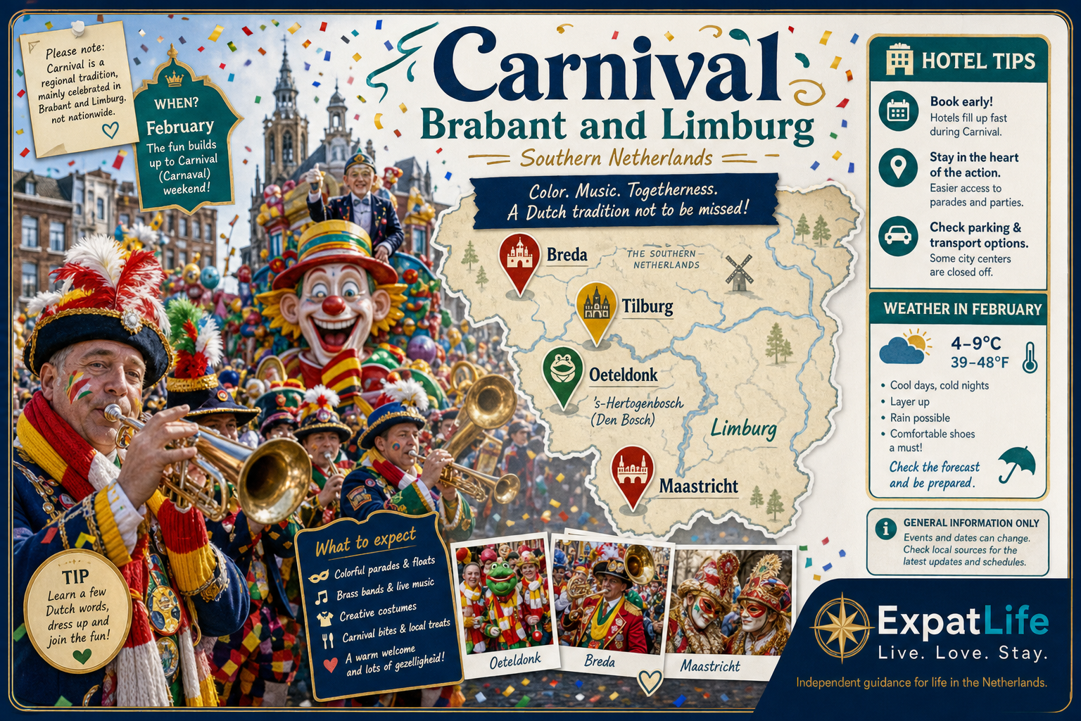 Premium Carnival guide — Brabant and Limburg costumes, parades and southern Netherlands atmosphere.