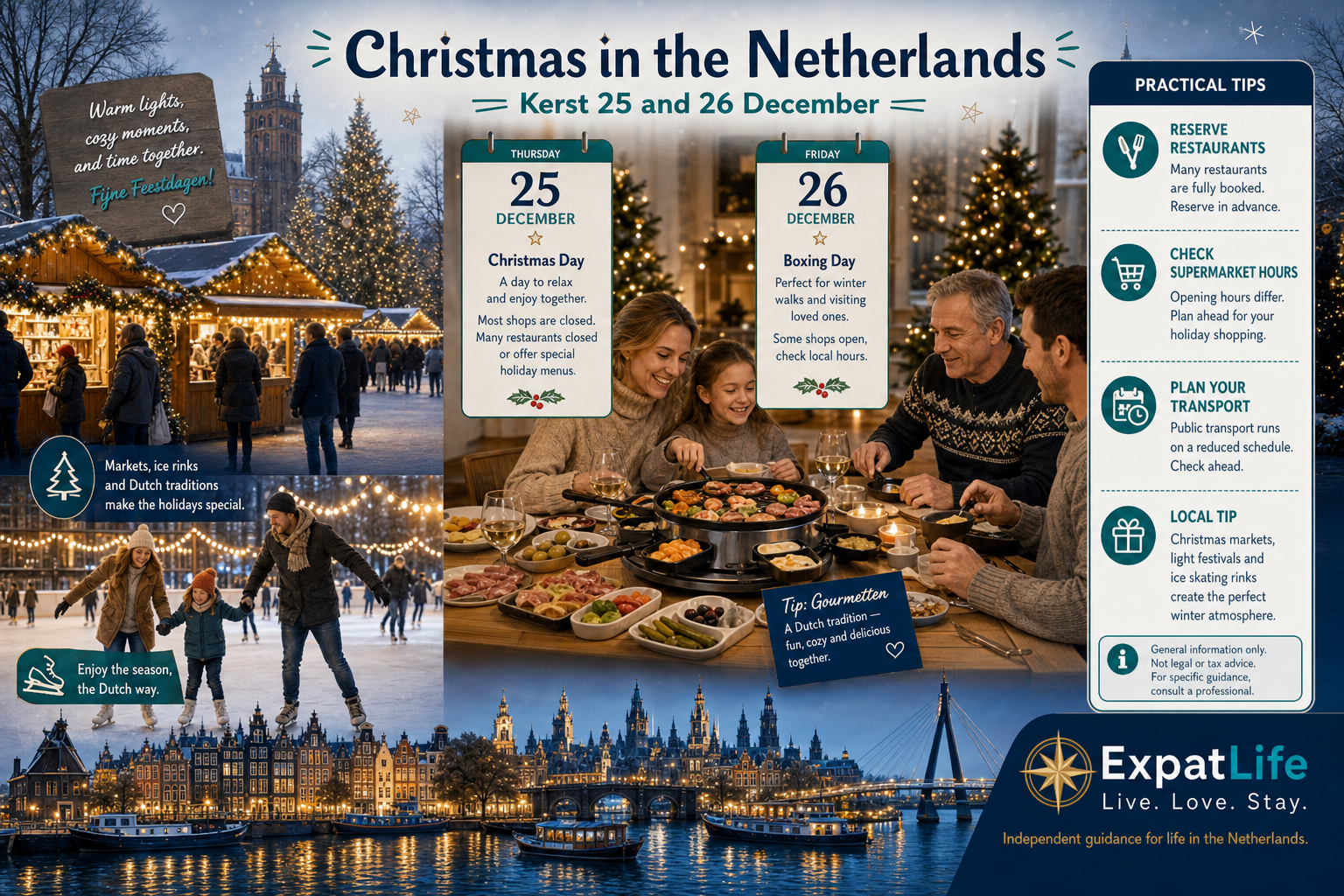 Premium Dutch Christmas guide — markets, kerst dinners, decorations, ice skating and winter school break rhythms.