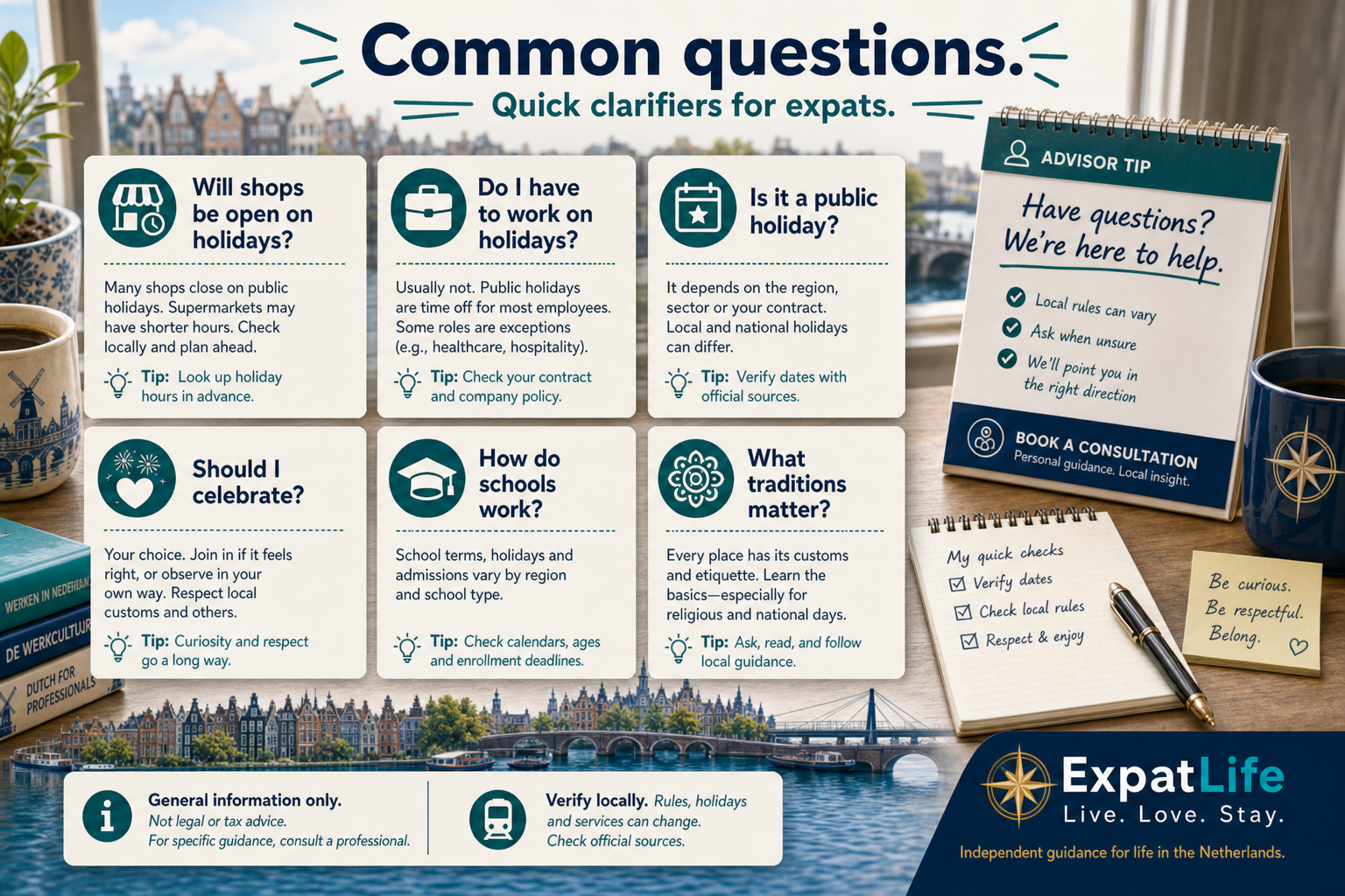 Premium common questions cards — shops open, work days, public holiday status and school calendars.