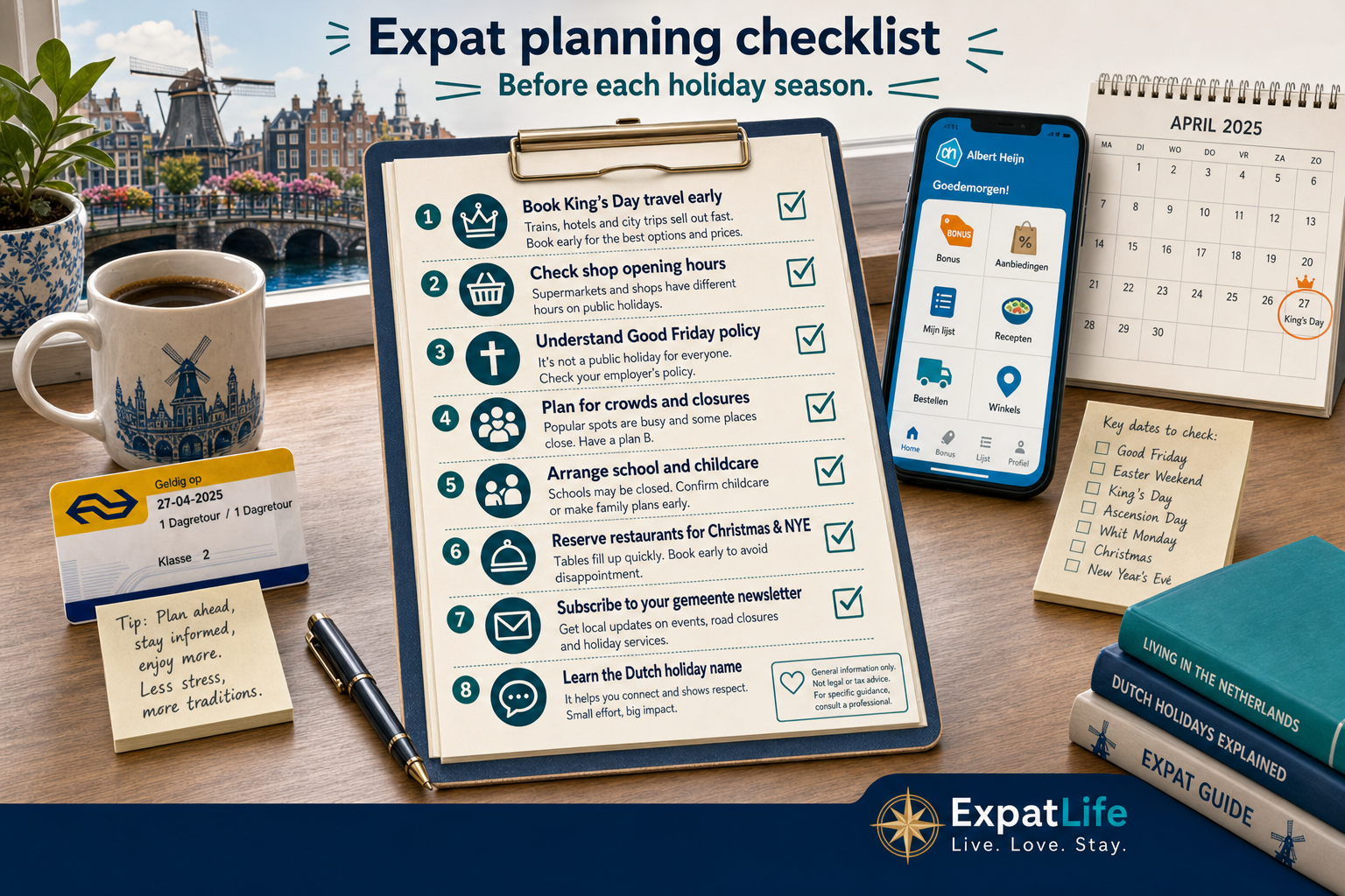 Premium expat checklist — travel booking, shop closures, transport changes and King's Day crowds.