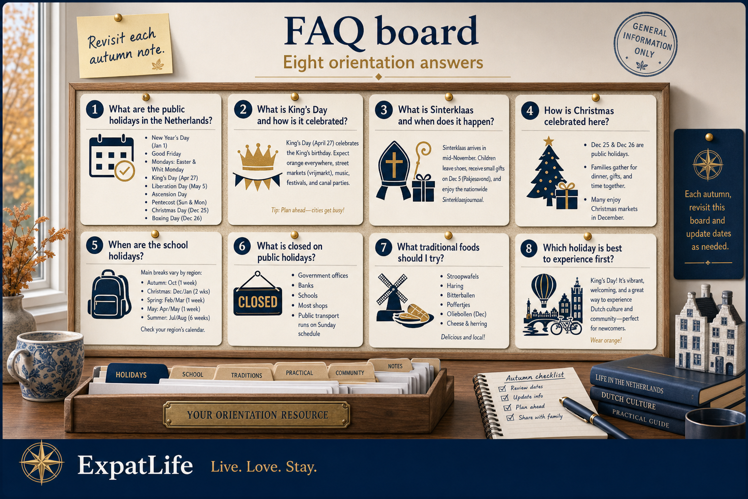 Premium FAQ board — public holidays, King's Day, Sinterklaas, Christmas, school breaks and traditional foods.