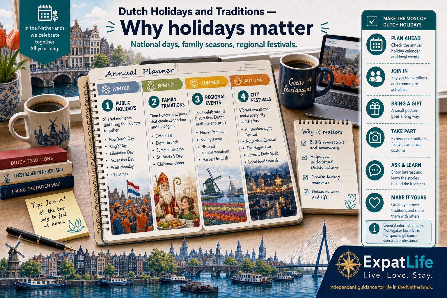 Premium orientation board — national holidays, religious commemorations, regional traditions and modern festivals across the Dutch year.