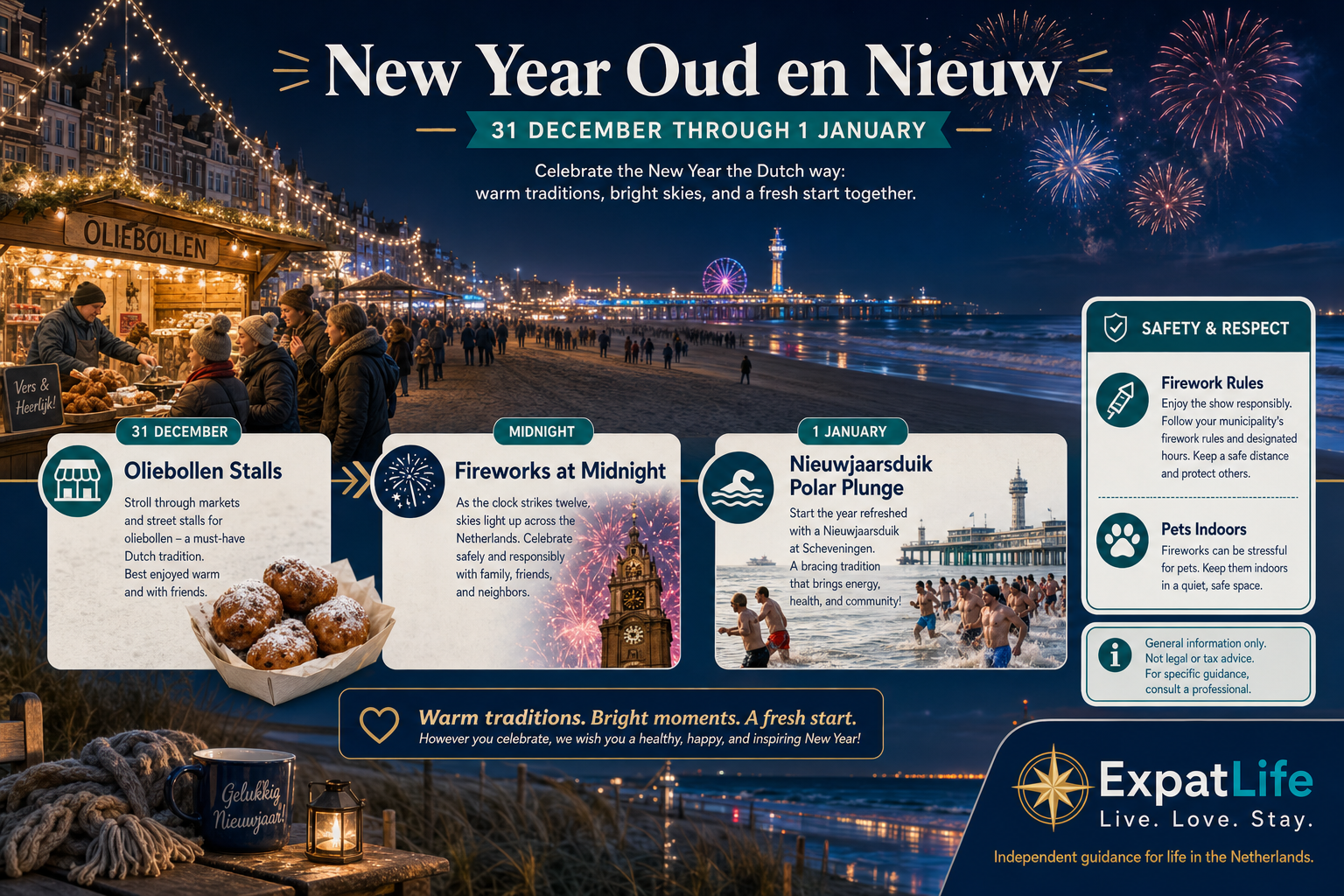 Premium New Year guide — oliebollen, fireworks traditions, polar plunge events and safety reminders.