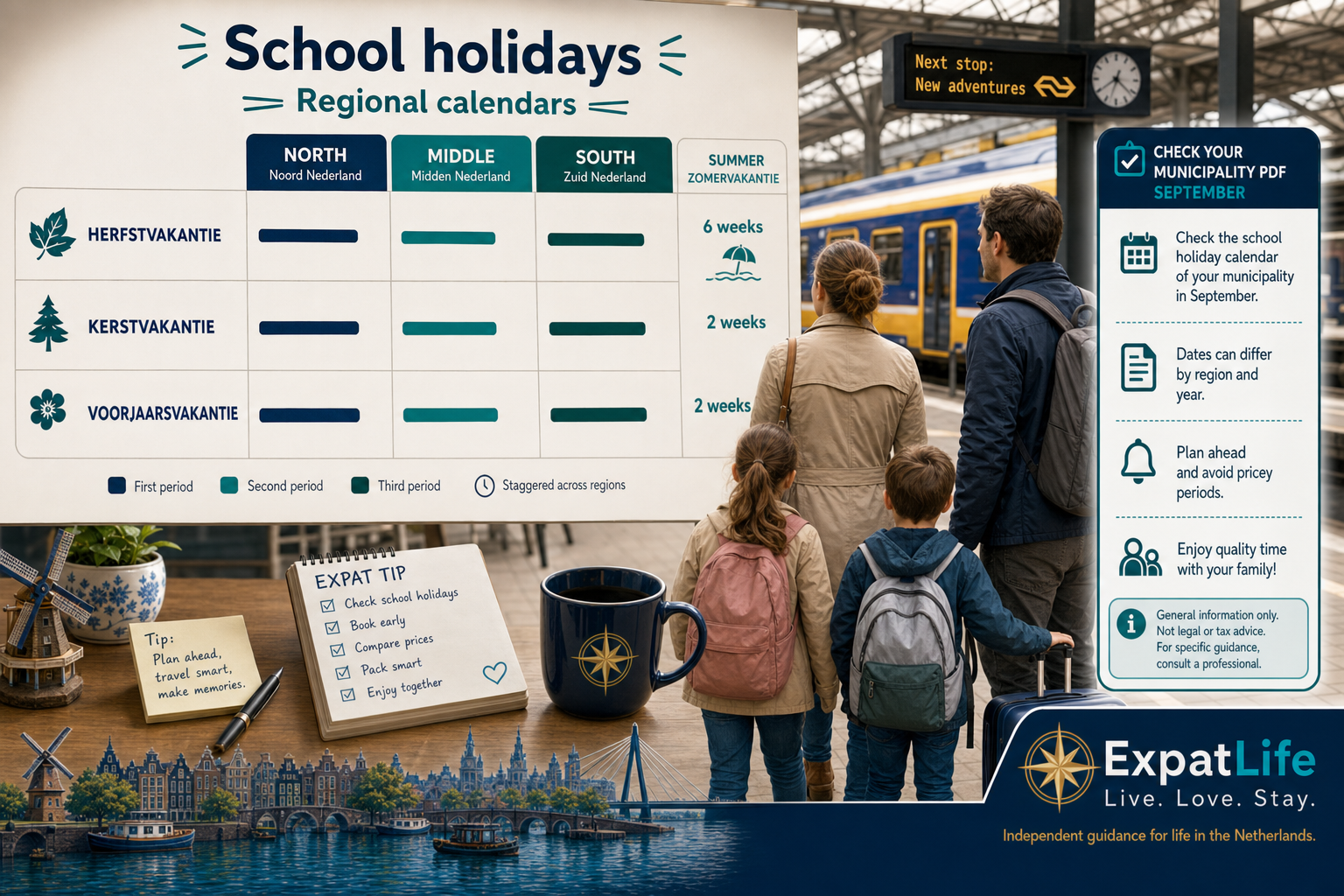 Premium school holiday calendar — summer, autumn, spring and Christmas breaks by region with travel impact.