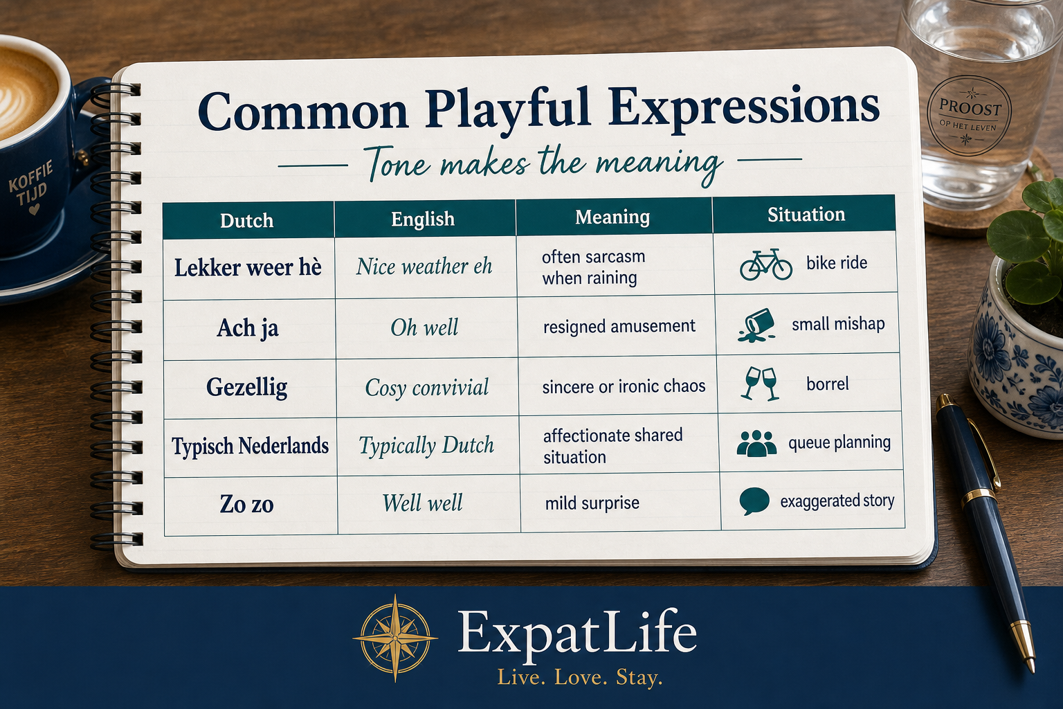 Premium phrase record — Dutch, English, meaning and typical humorous situation for five everyday expressions.