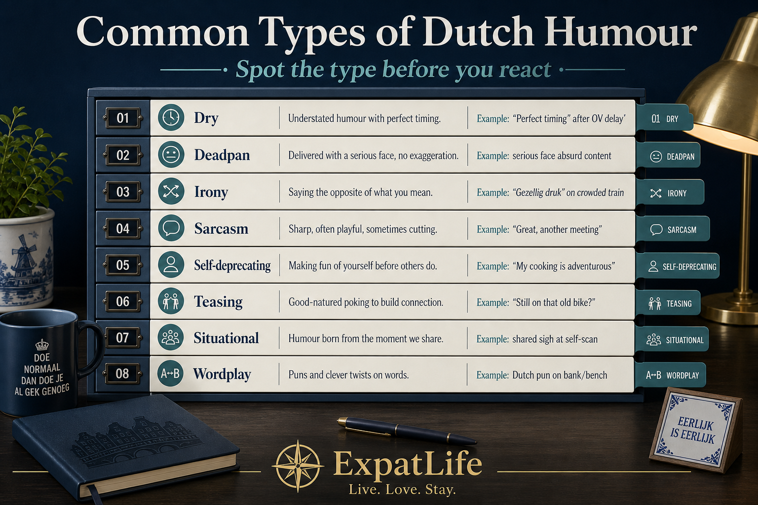 Premium file-drawer catalogue — eight humour types each with safe fictional example you can recognise in conversation.