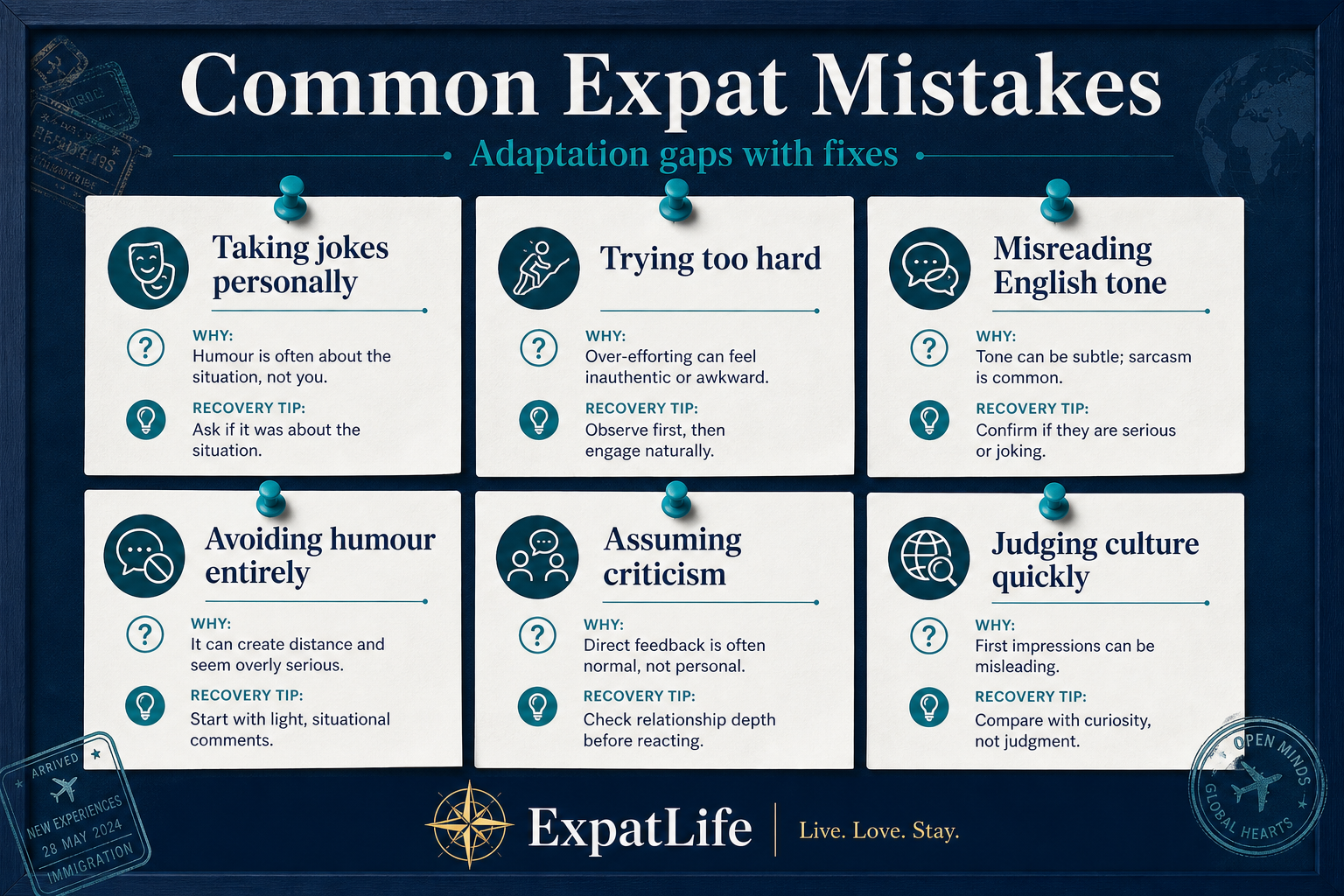 Premium six expat mistake cards — each with why it happens and a concrete recovery tip.