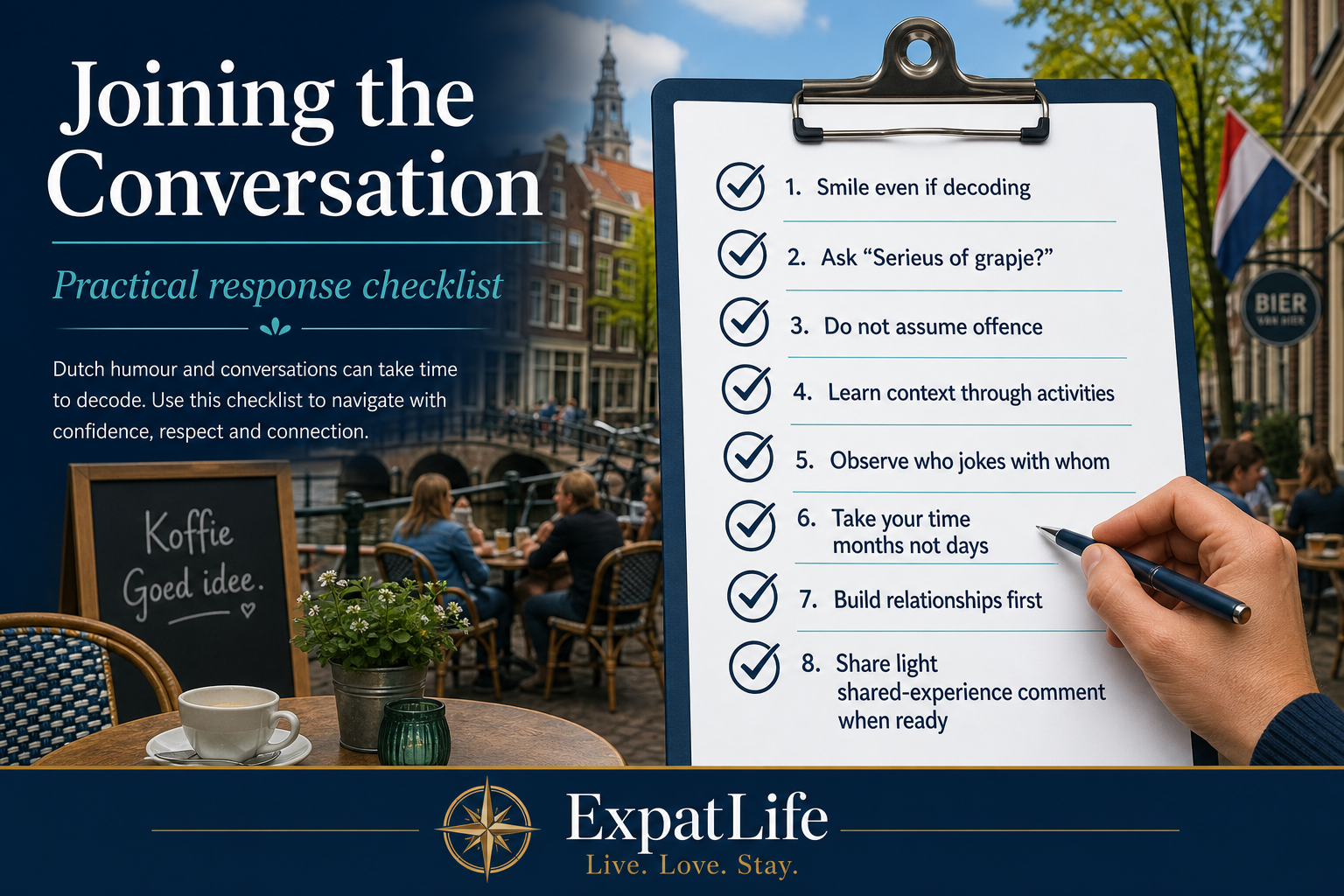 Premium clipboard checklist — eight actionable response habits from smile to shared-experience comments.