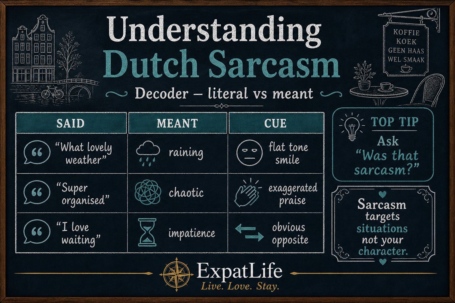 Premium sarcasm decoder table — what is said, what is meant, tone cue for three common examples.