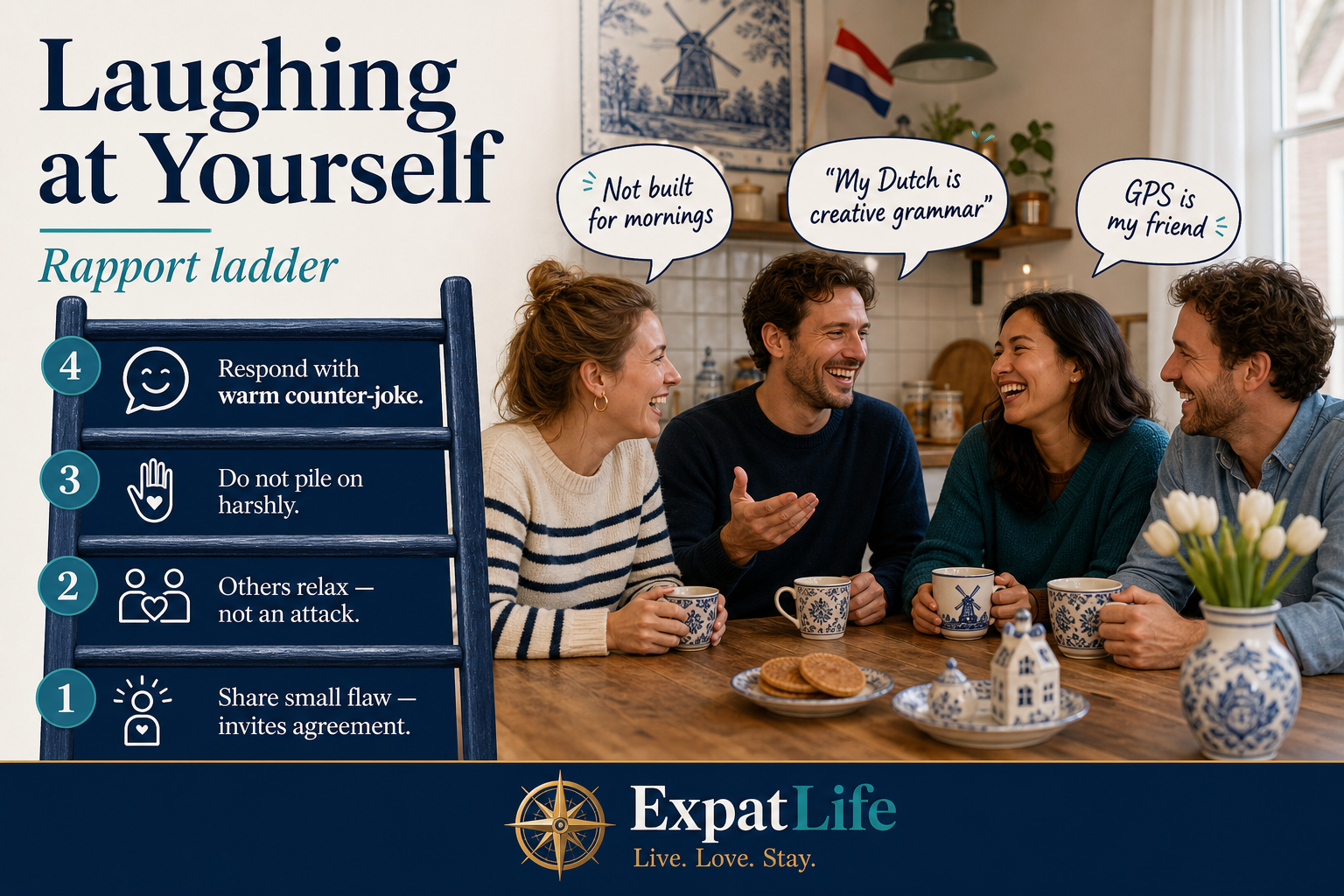 Premium rapport ladder — four rungs from sharing a small flaw to warm counter-jokes with example phrases.
