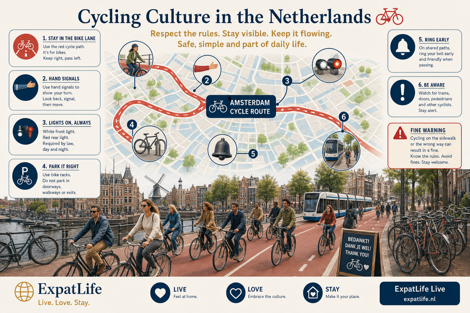 Premium cycling courtesy guide — bike lanes, hand signals, parking, lights, pedestrian zones with safety checklist.