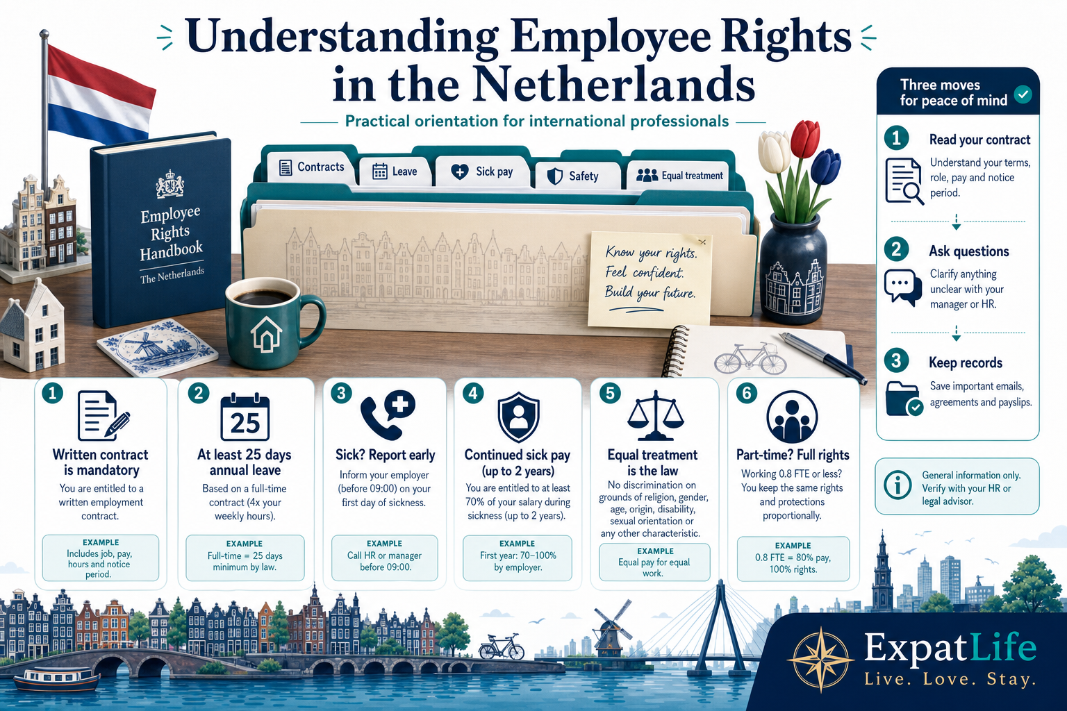 Premium infographic record-file builder showing six Dutch workplace protection areas — contracts, hours, leave, sick pay, safety and equal treatment — with concrete expat examples and a three-step checklist rail.
