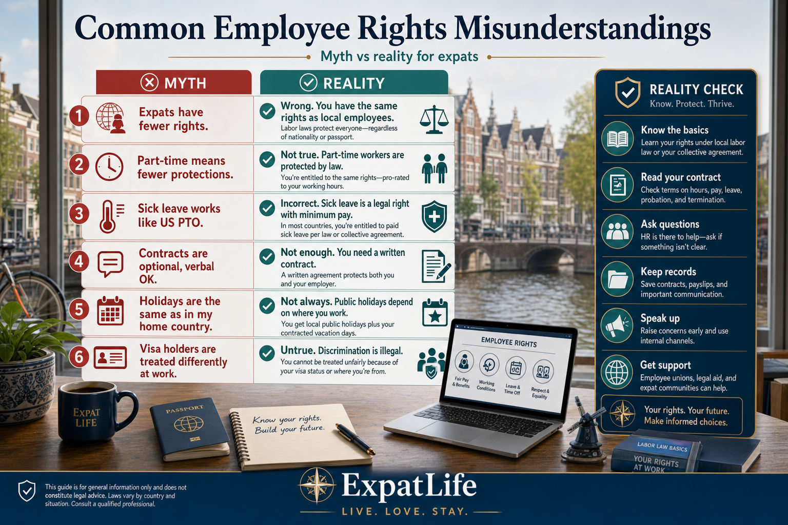 Premium myth-vs-reality board debunking six common expat misunderstandings about Dutch employee rights, part-time status, sick leave and visa treatment.