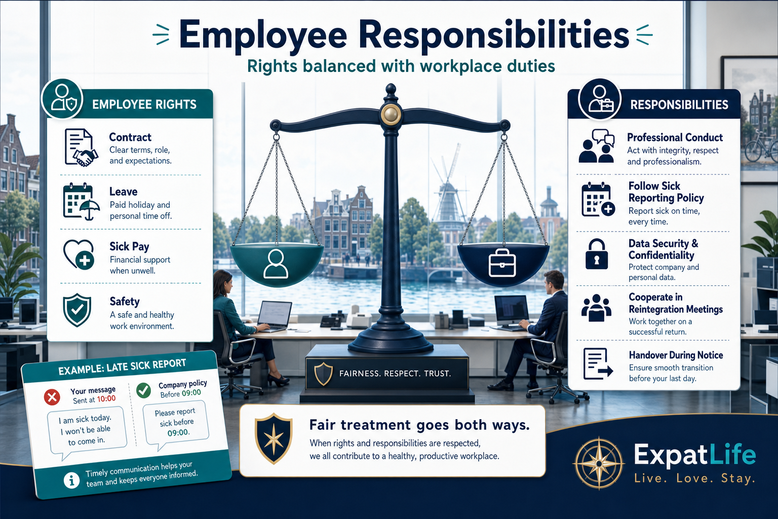 Premium balance-scale infographic pairing employee rights with responsibilities — conduct, policies, communication, reintegration cooperation and notice handover.