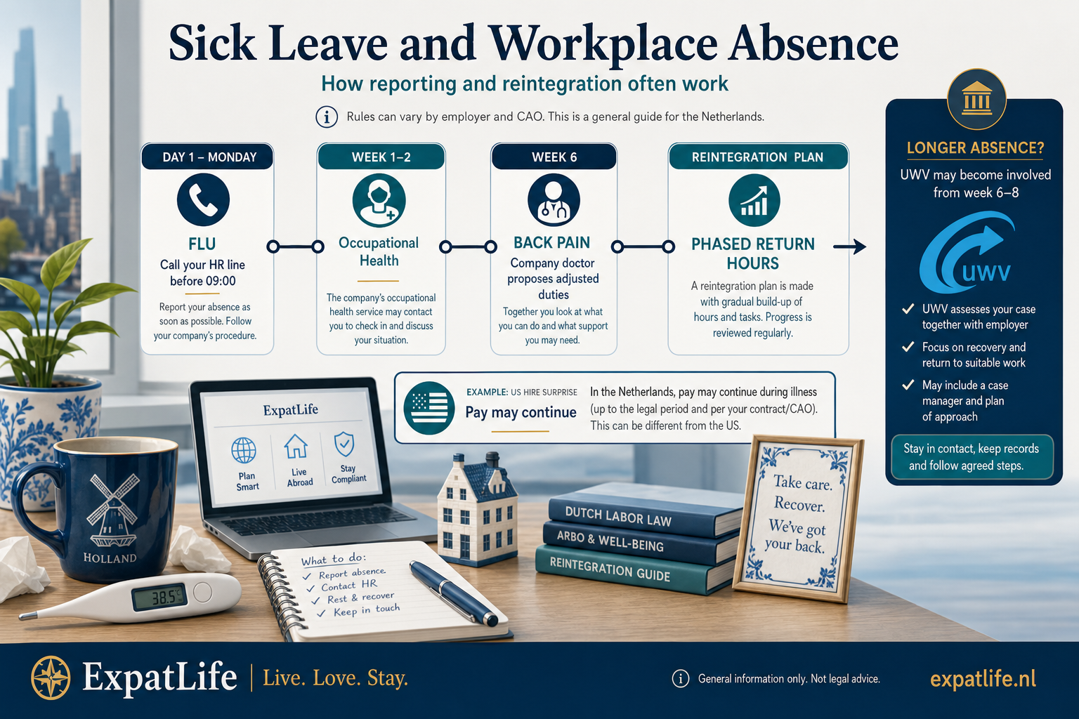 Premium sick-leave timeline infographic from day-one HR reporting through occupational health contact and phased reintegration return-to-work planning.