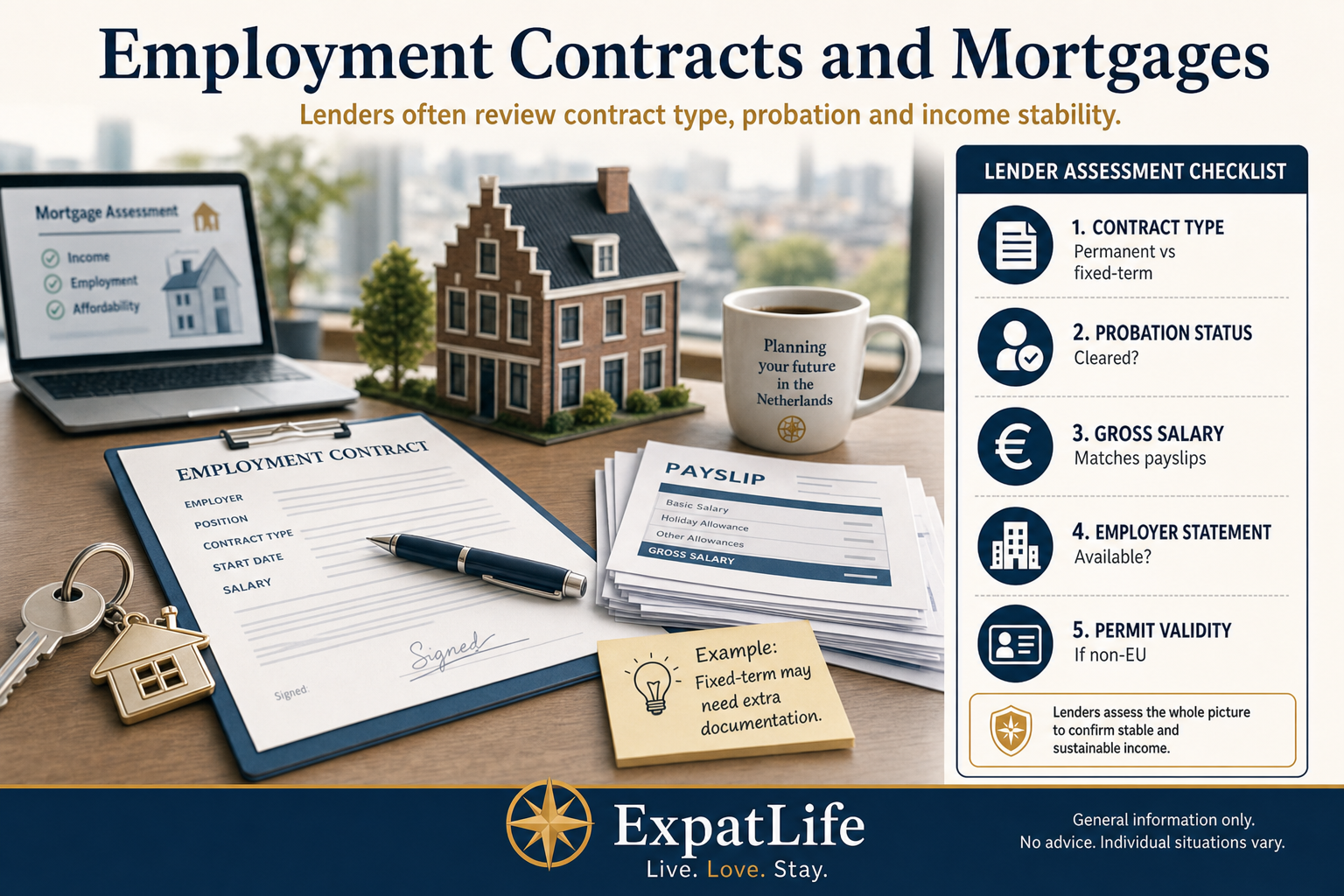 Infographic showing how Dutch mortgage providers may view contract type, employment stability and salary when assessing expat borrowers.