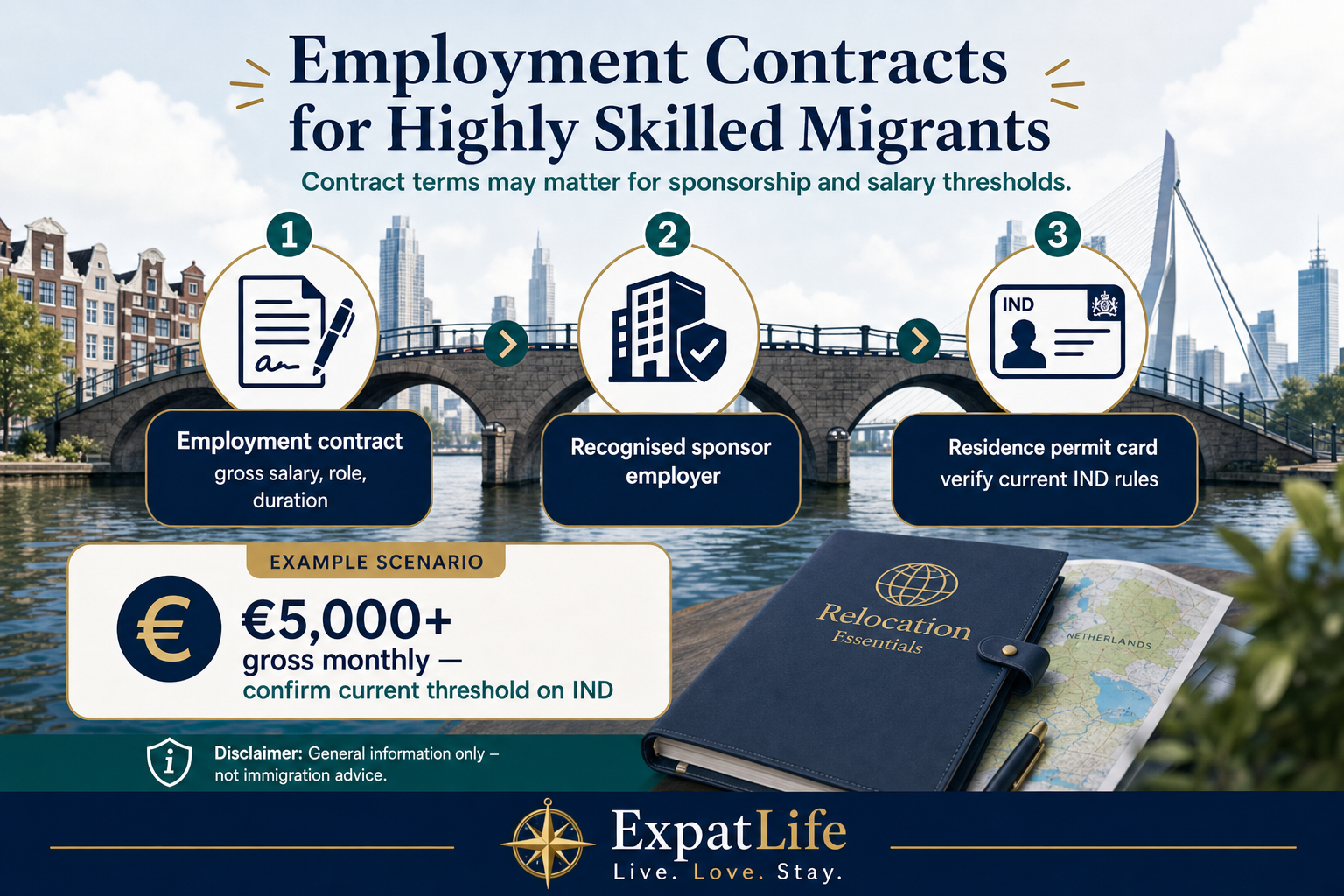 Infographic connecting Dutch employment contracts to highly skilled migrant visa sponsorship, salary thresholds and relocation planning.