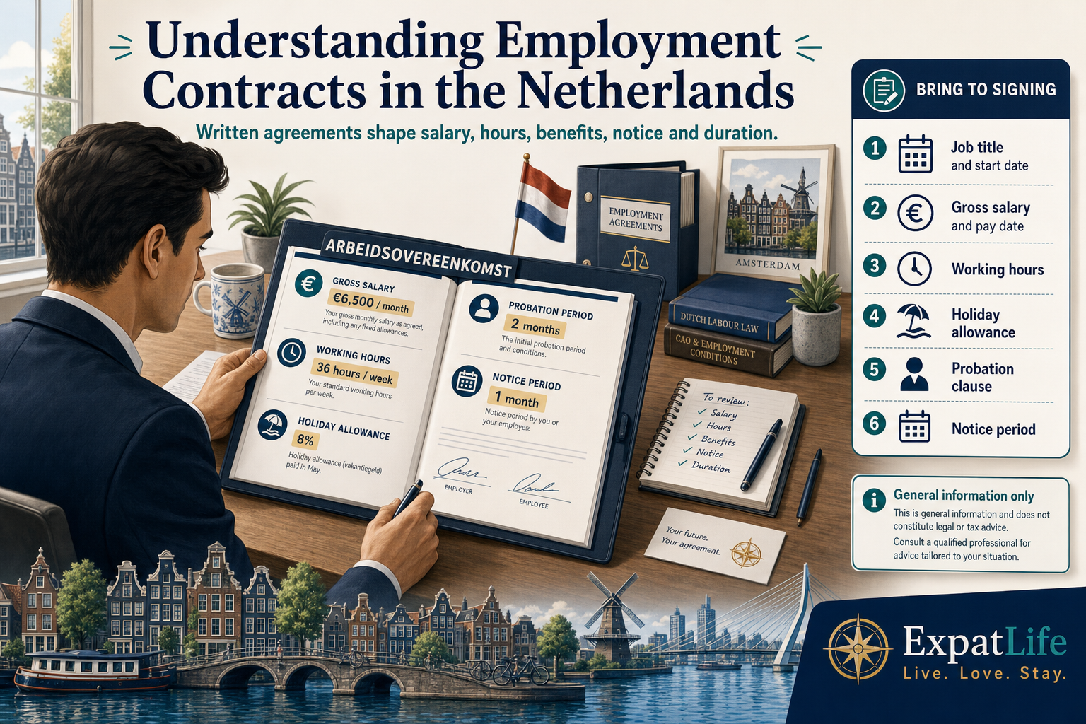 Infographic explaining what Dutch employment contracts typically cover including salary, hours, benefits, notice periods and contract duration for expats.