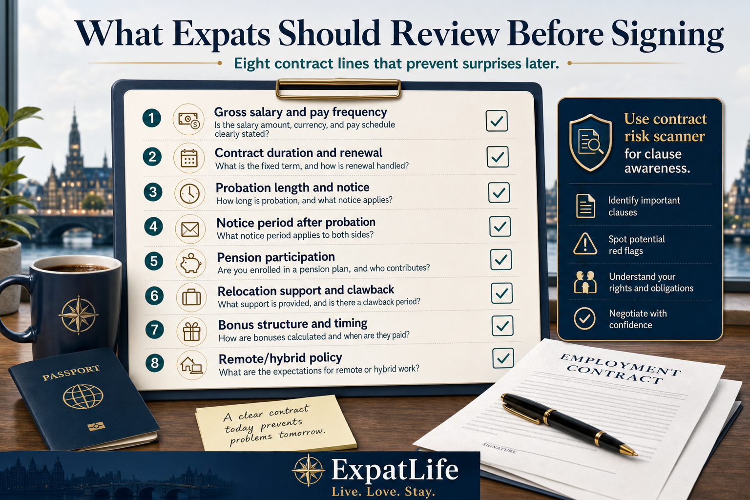 Infographic checklist of eight items expats should review before signing a Dutch contract: salary, duration, probation, notice, pension, relocation, bonus and remote work.