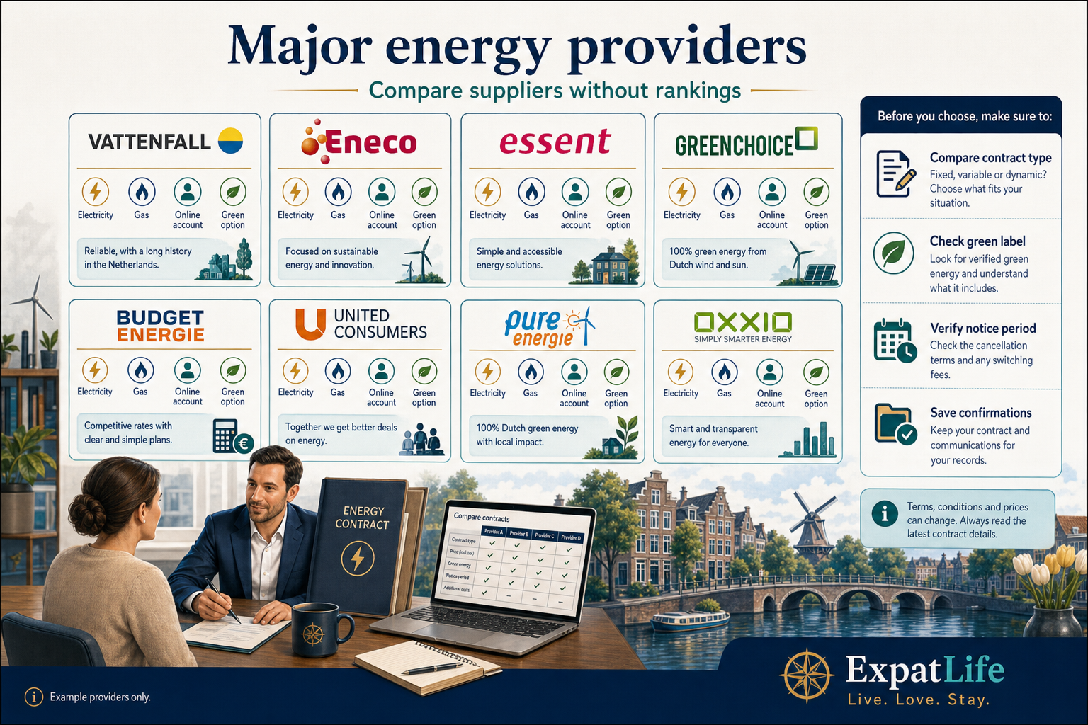 Premium infographic showing major Dutch energy provider examples and comparison points without rankings.