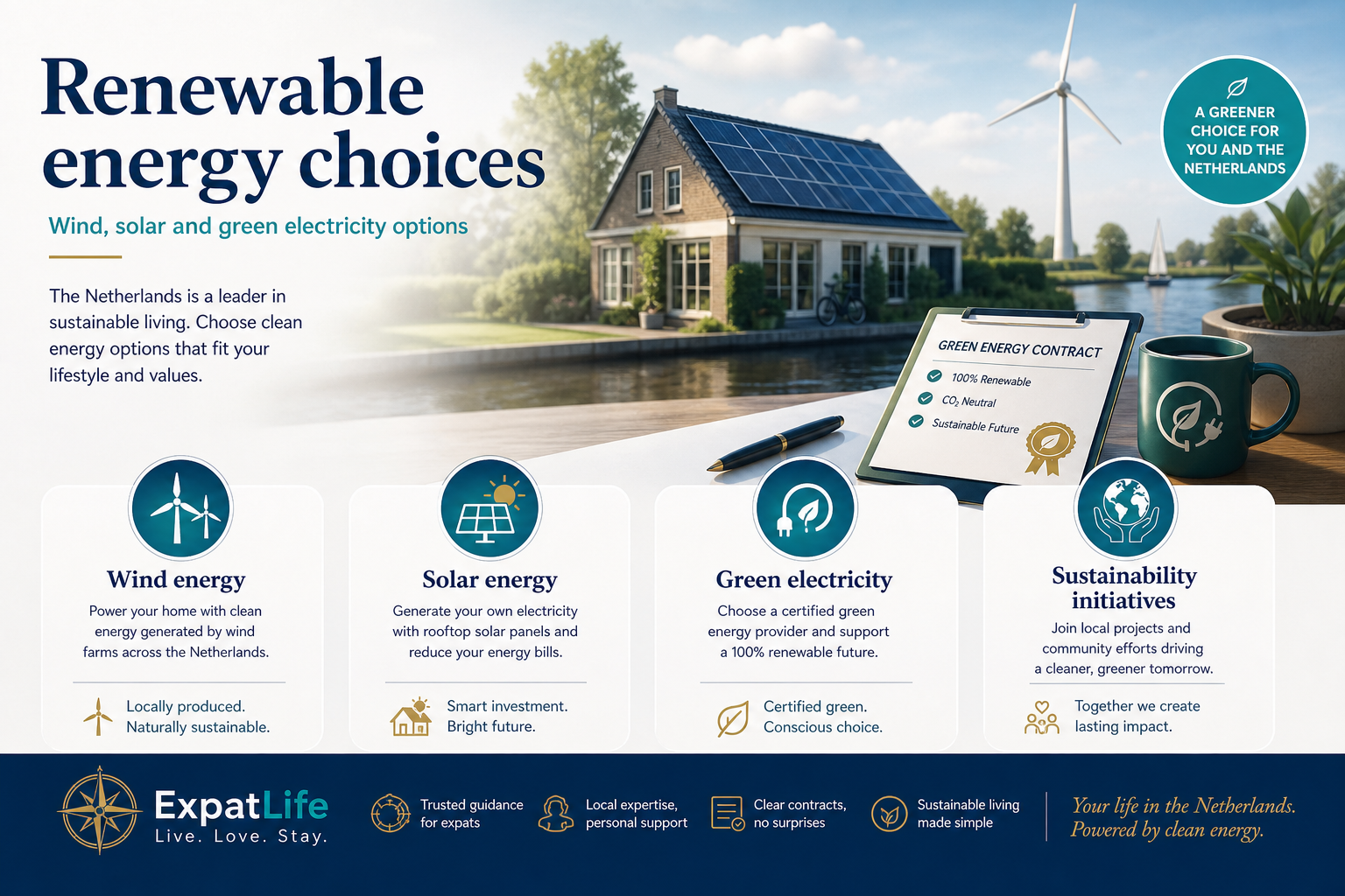 Premium infographic explaining renewable energy choices in the Netherlands.