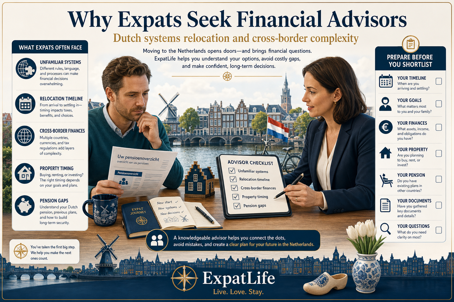 Infographic explaining why expats in the Netherlands seek financial advisors: unfamiliar Dutch systems, relocation planning, cross-border finances, property timing and pension gaps.