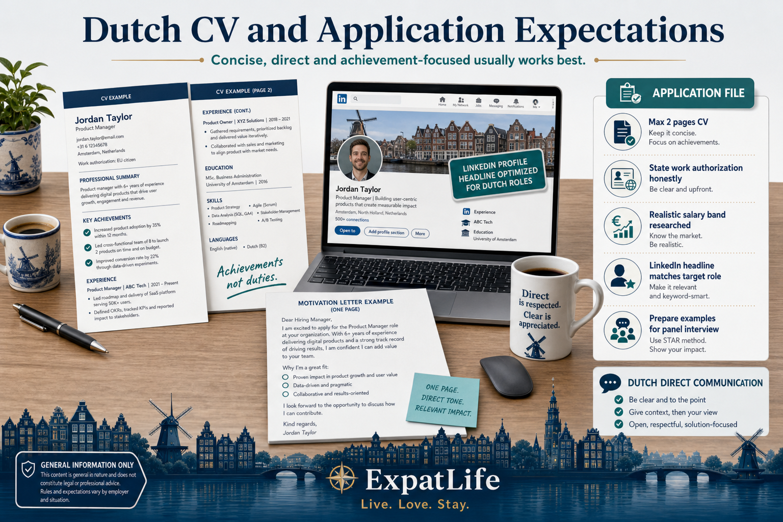Infographic showing Dutch CV and application expectations: concise CVs, practical achievements, LinkedIn visibility, motivation letters and direct interview communication.