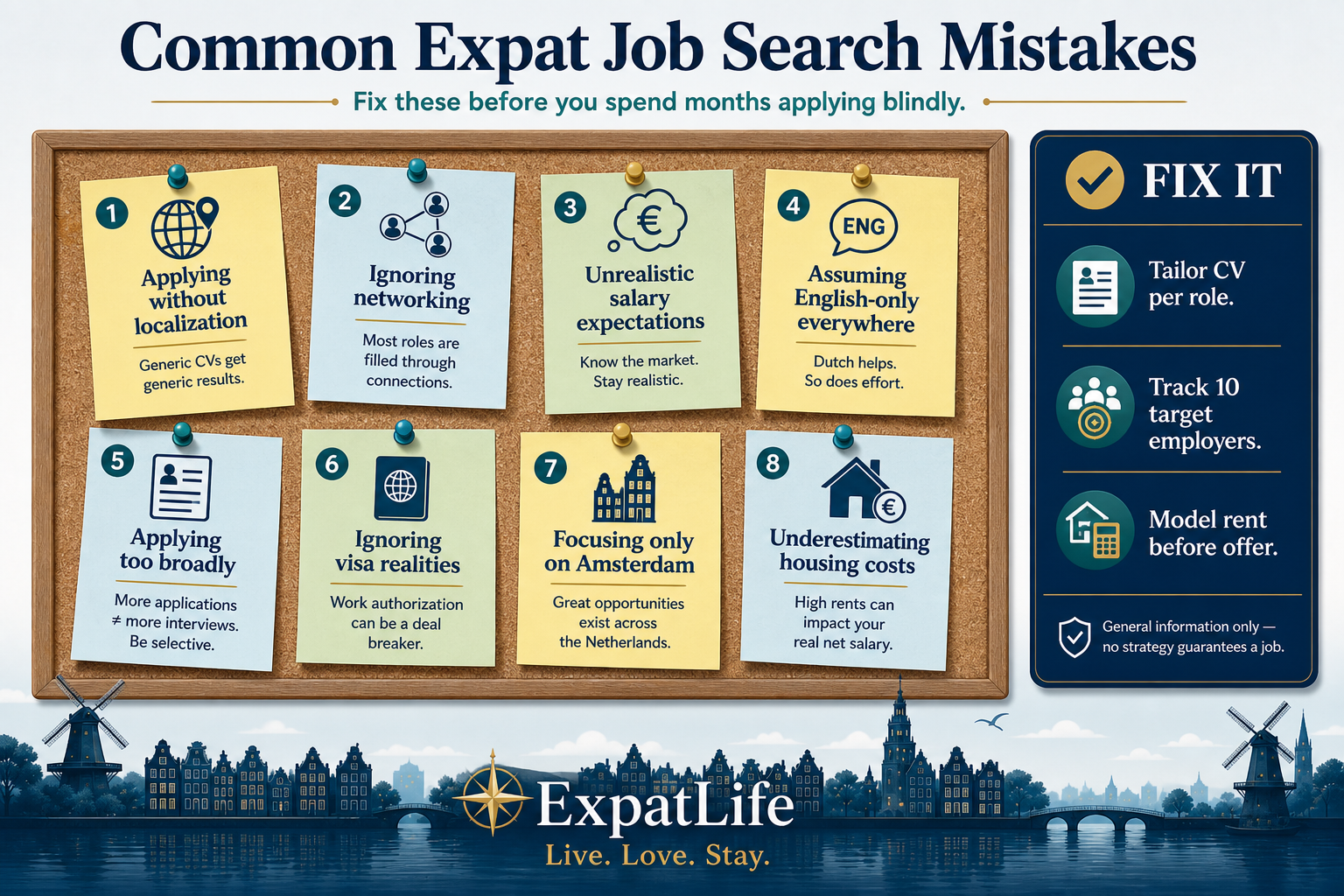 Infographic board of eight common expat job search mistakes in the Netherlands including ignoring networking, unrealistic salary expectations and visa assumptions.