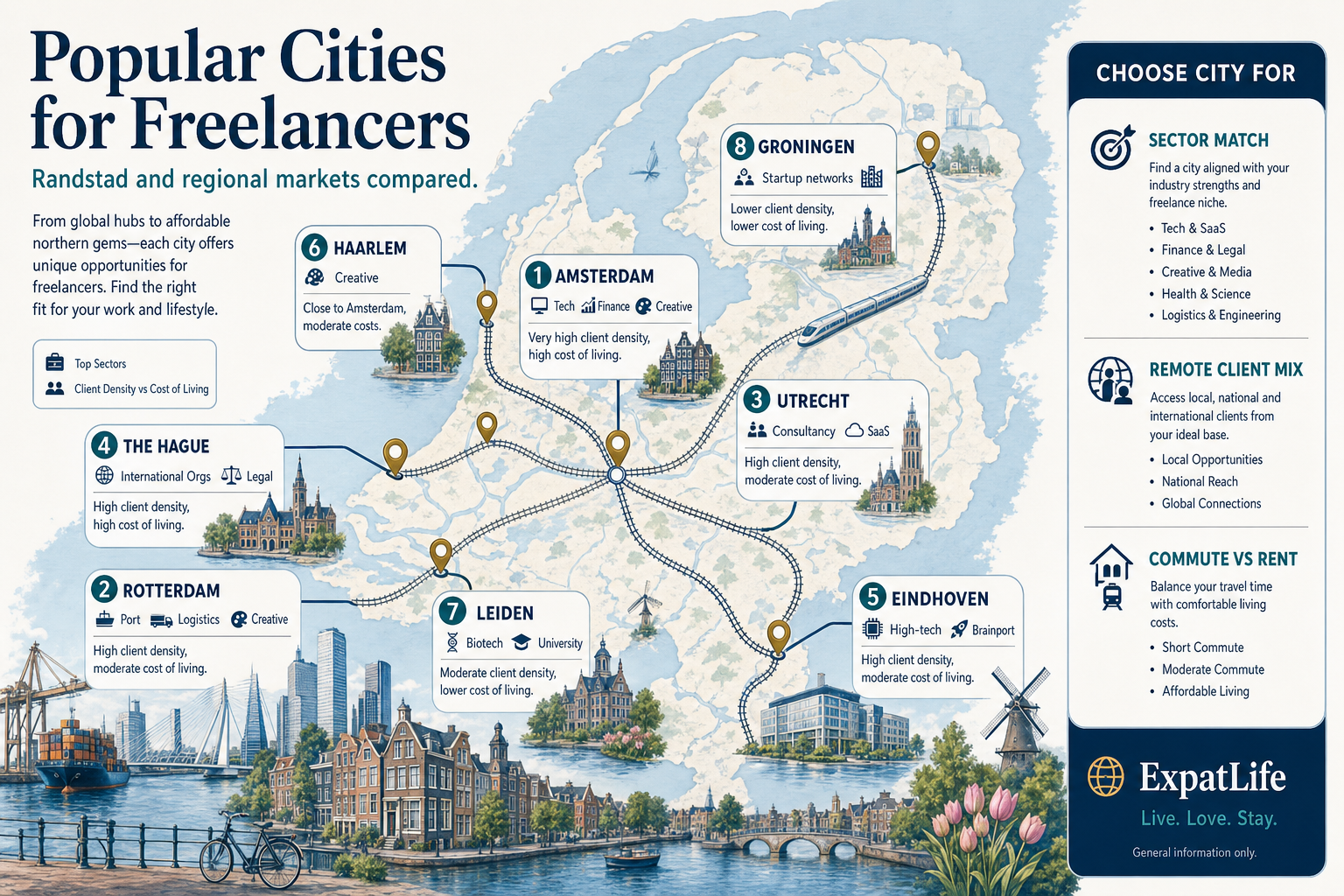 Premium Netherlands city route map with eight freelancer hubs — Amsterdam, Rotterdam, Utrecht, The Hague, Eindhoven, Haarlem, Leiden and Groningen — with sector and cost-of-living hints.