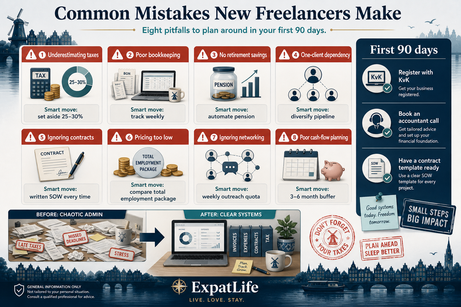 Premium mistake board with eight common expat freelancing pitfalls — taxes, bookkeeping, pension, client dependency, contracts, pricing, networking and cash flow — each with a smart-move fix.