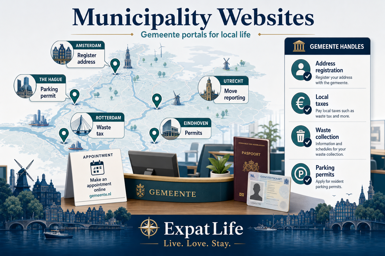 Premium infographic for Dutch municipality portals and local government services.