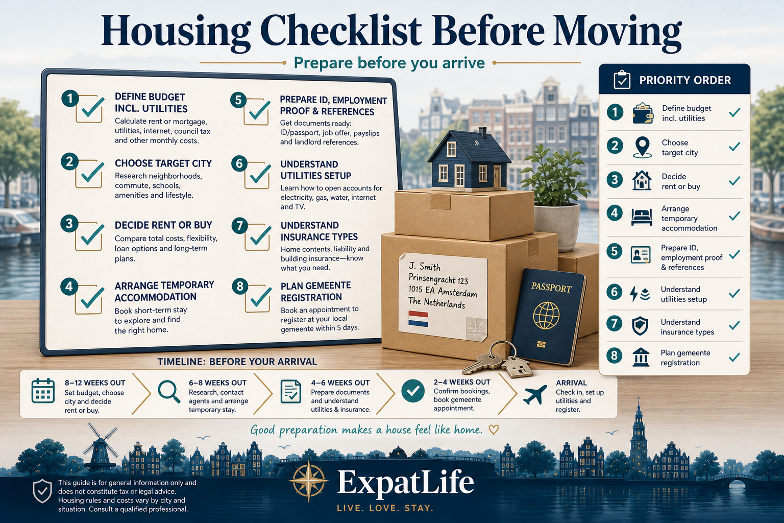 Premium infographic checklist for housing preparation before moving to the Netherlands.