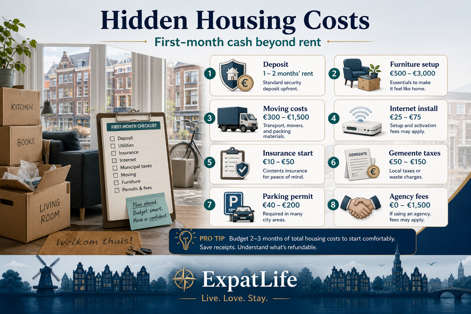 Premium hidden cost board: deposits, furniture, moving, internet setup, insurance, gemeente taxes and parking.