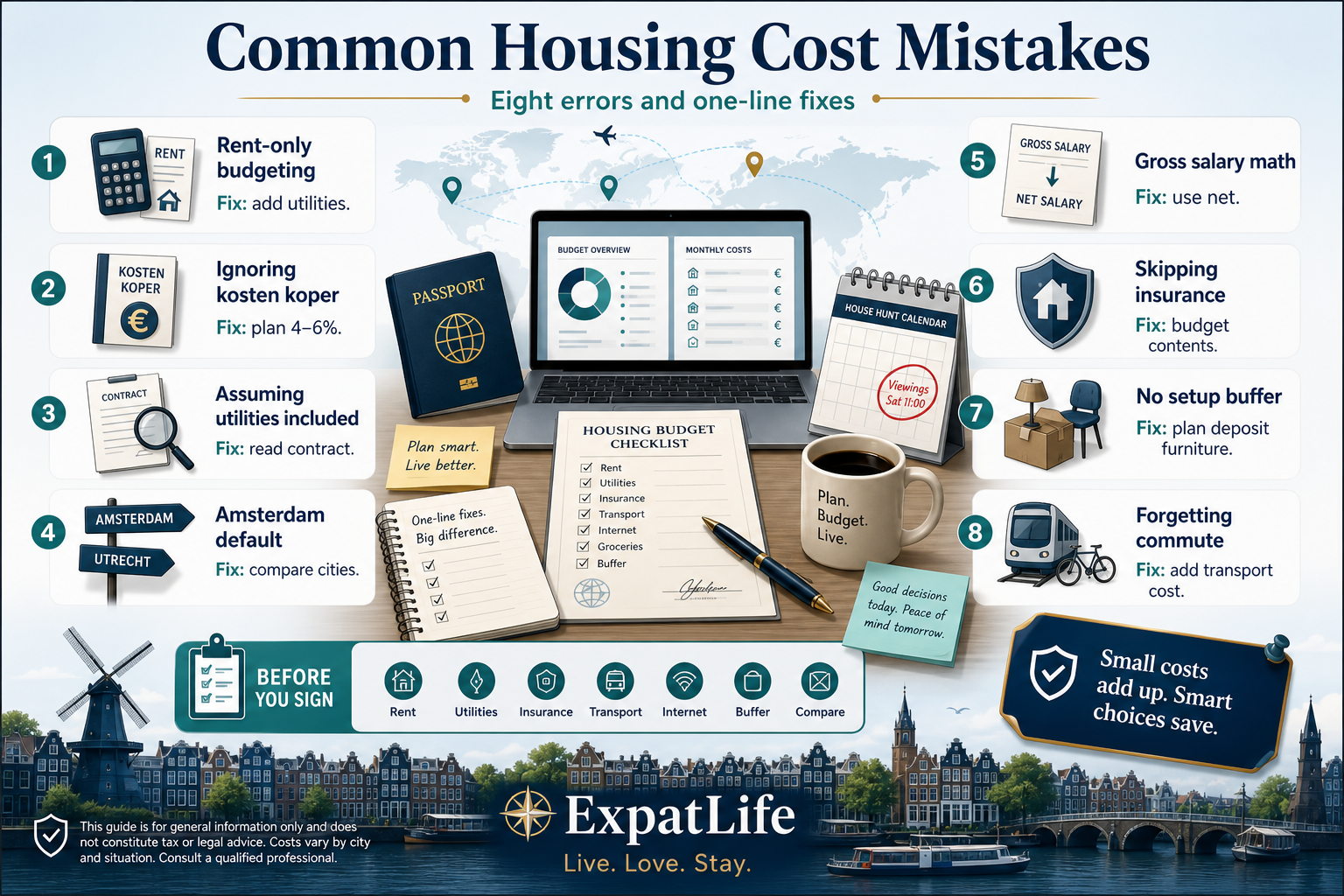 Premium mistake board with eight common expat housing budget errors and one-line fixes.