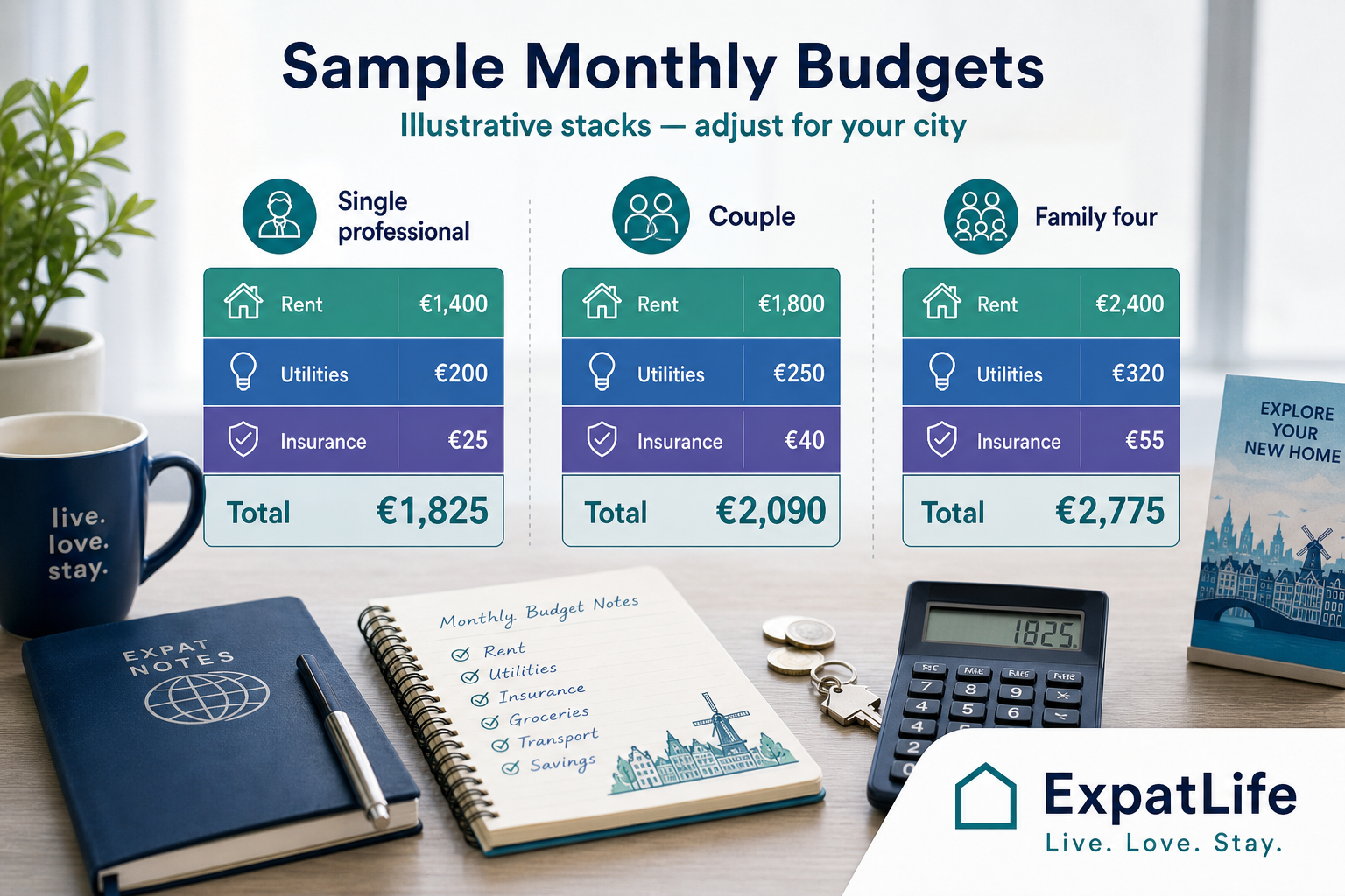 Premium three-column monthly budget breakdown for single professional, couple and family of four.
