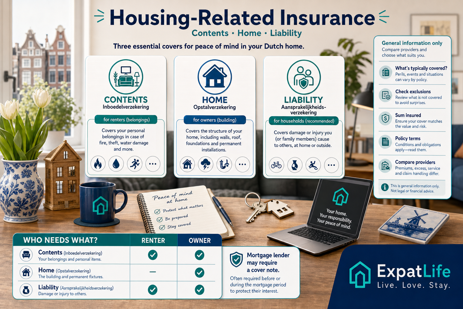 Premium infographic explaining housing-related insurance for renters and owners in the Netherlands.