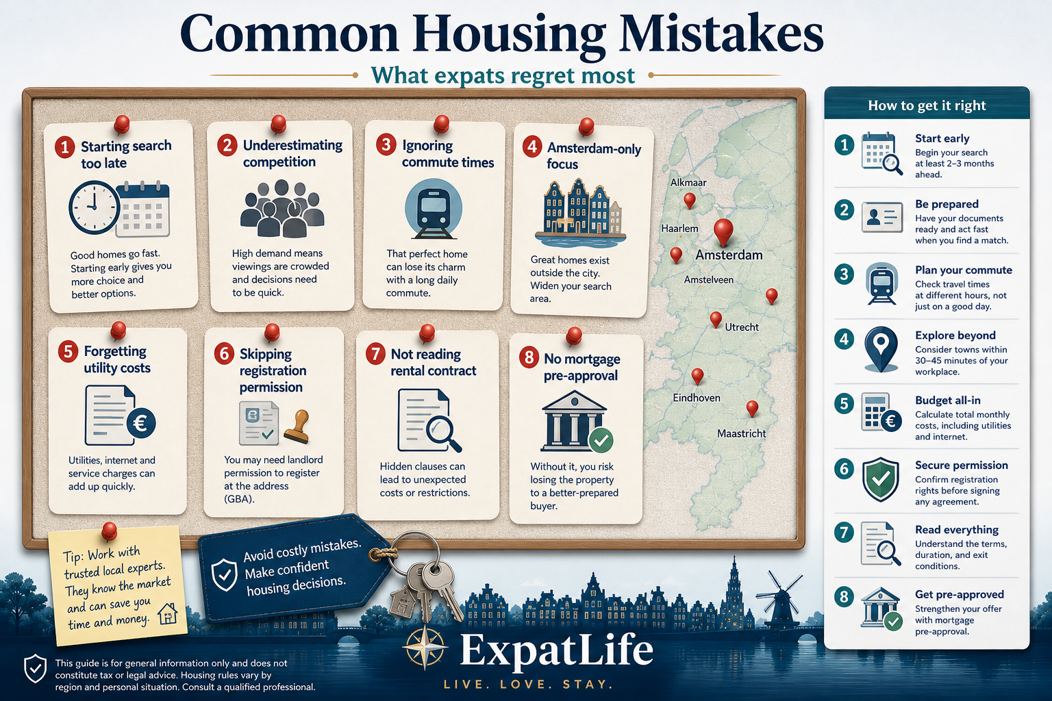 Premium infographic showing common expat housing mistakes in the Netherlands.