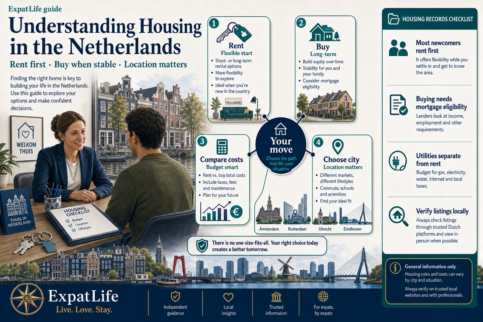 Premium infographic map of Dutch housing options for expats including renting, buying, costs and city choice.